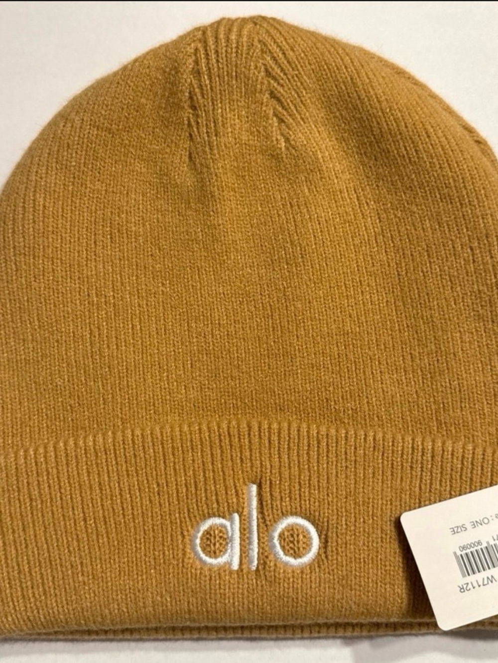 ALO Yoga Mustard Knit Beanie with White Logo